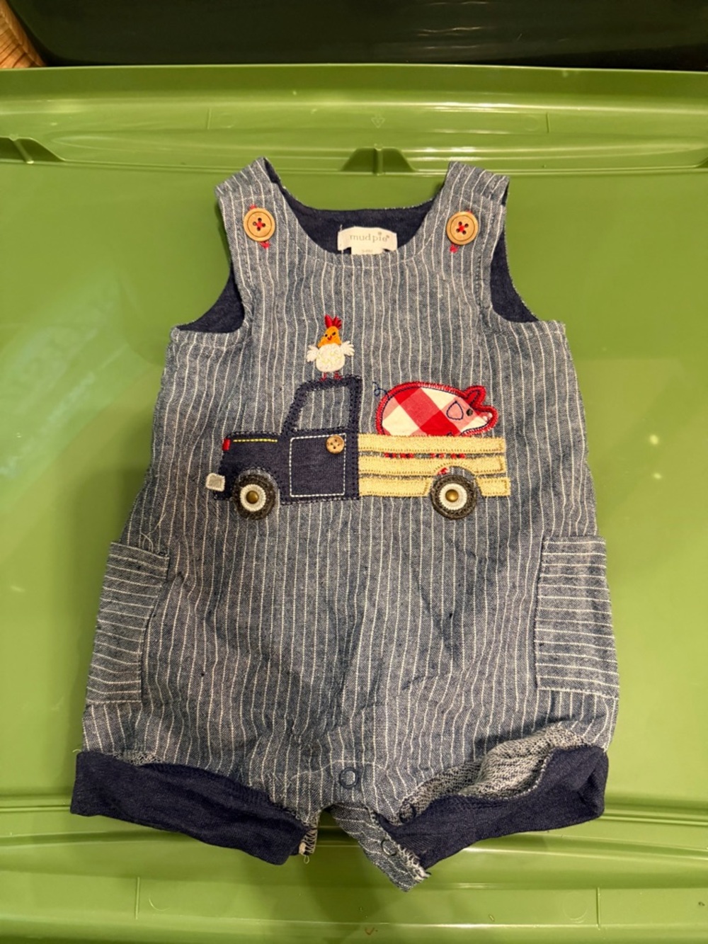 Mud Pie Navy Pinstripe Baby Overalls with Truck & Farm Applique
